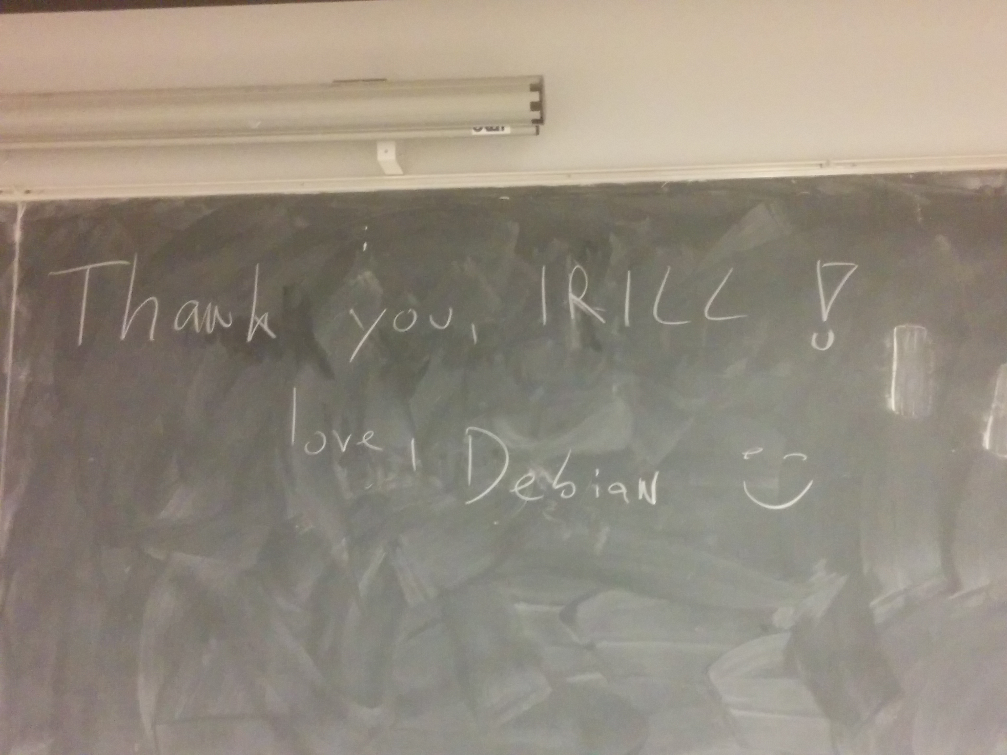 A thank you message to IRILL h01ger wrote on a blackboard