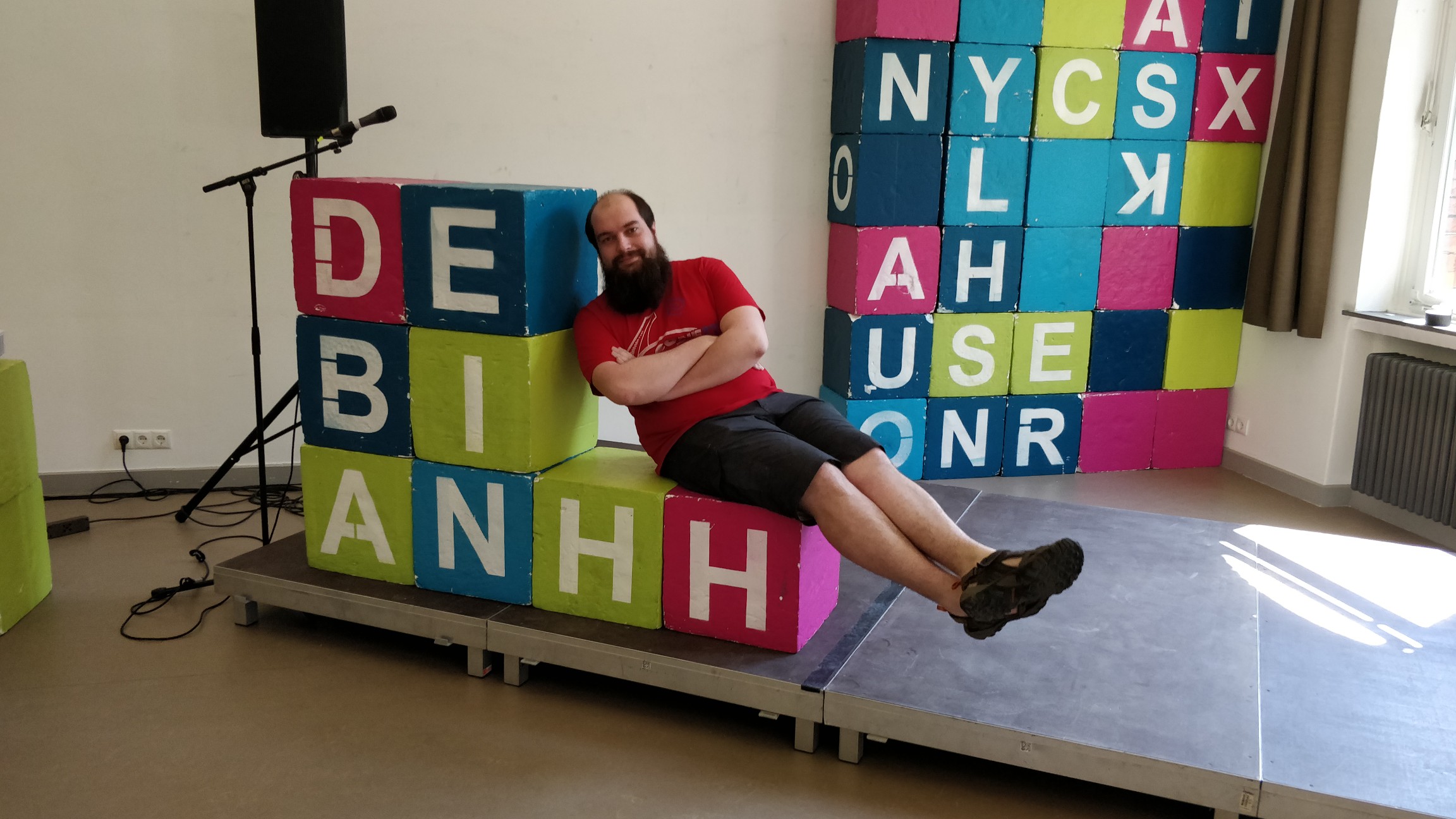 Olasd resting on our makeshift cubes podium