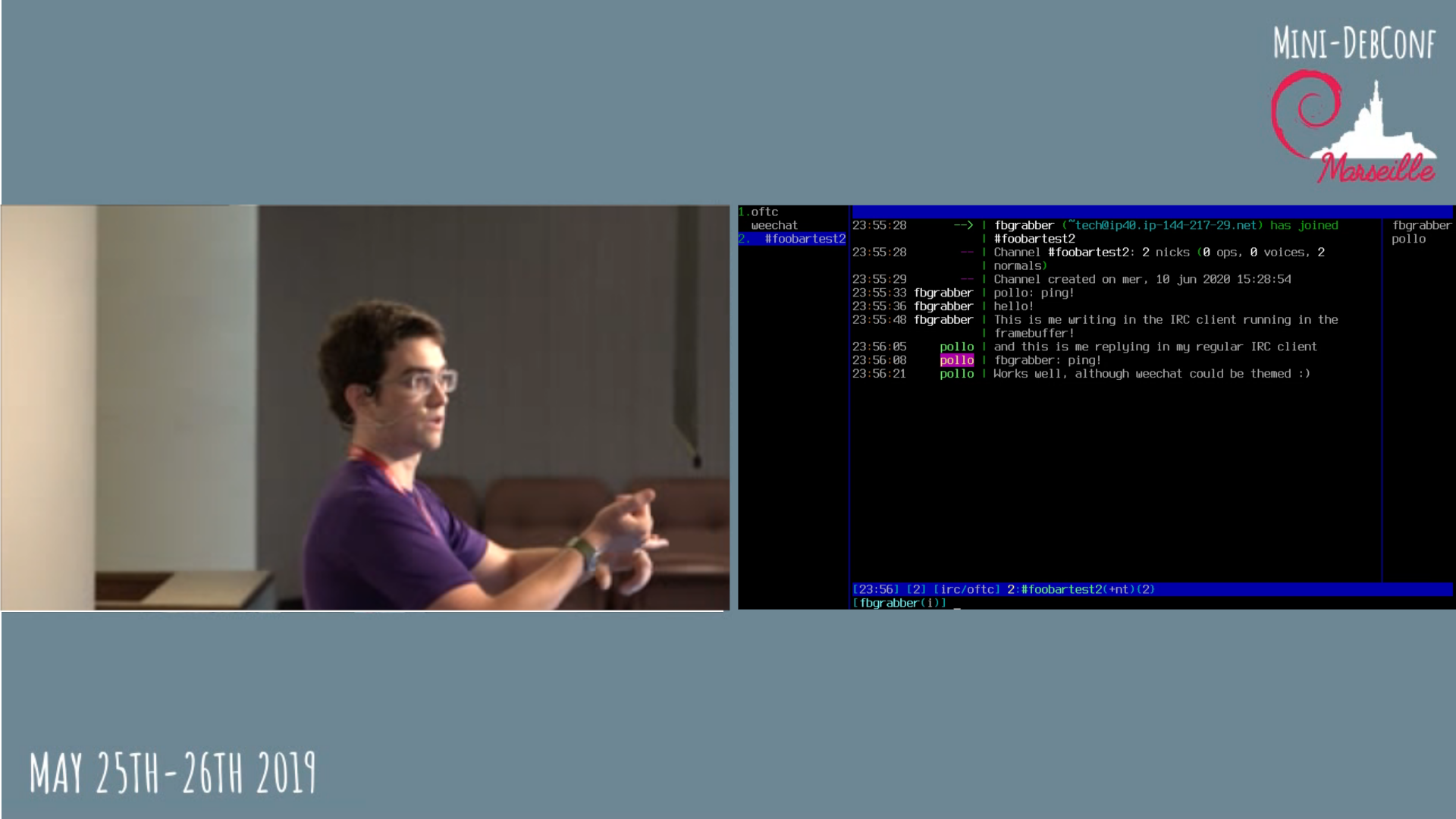 A mockup of a side-by-side voctogui window with someone on the left and a terminal running weechat on the right