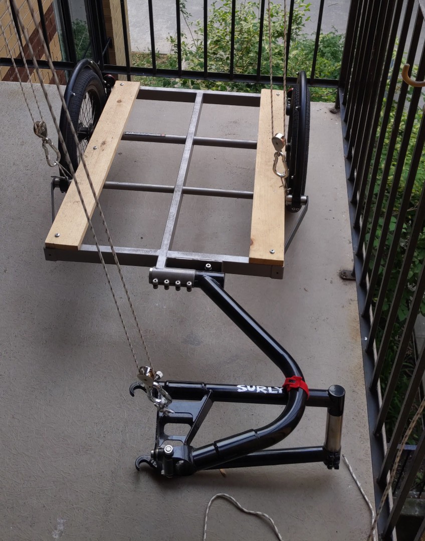 The trailer on my balcony, ready to be hoisted